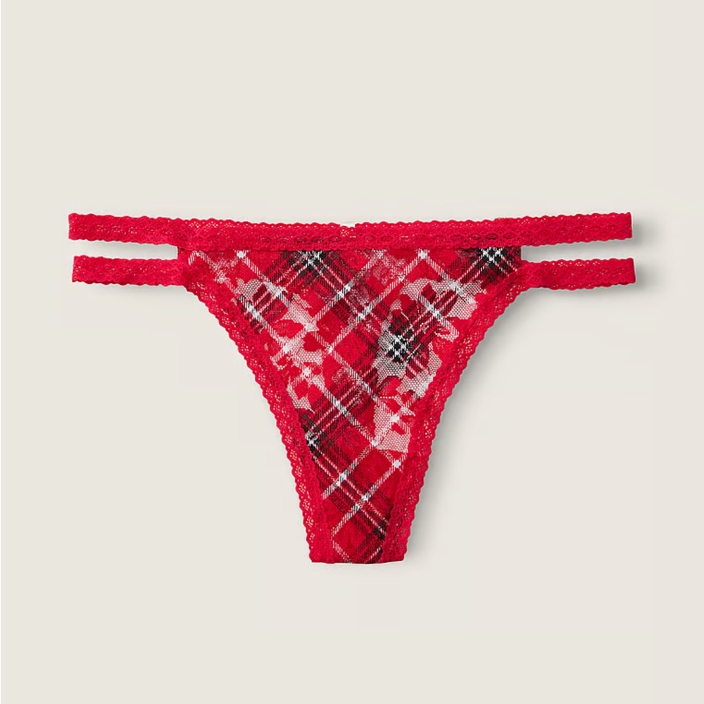 Victoria’s Secret PINK Lace Strappy Thong- Red Plaid